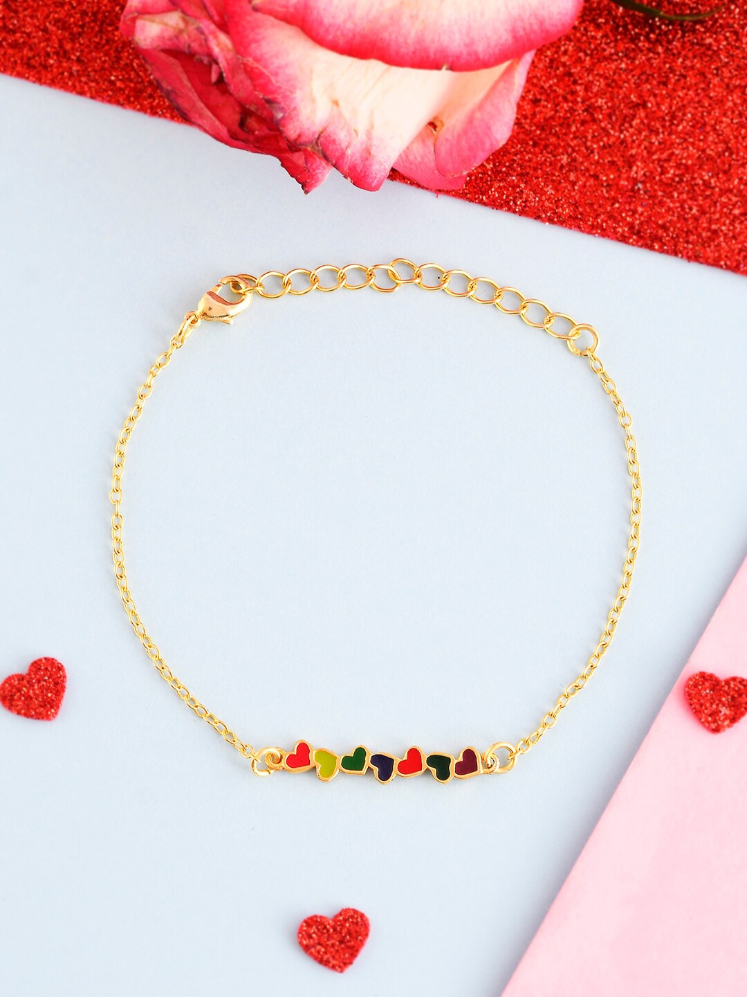 

Voylla Women Gold-Plated Valentine's Day Collection Tiny Coloured Hearts Link Bracelet