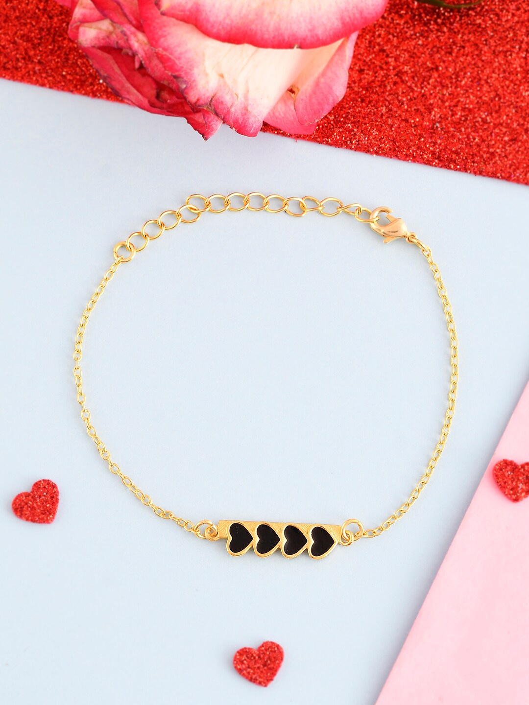 

Voylla Women Brass Gold-Plated Valentine's Day Collection Edgy Black Hearts Link Bracelet