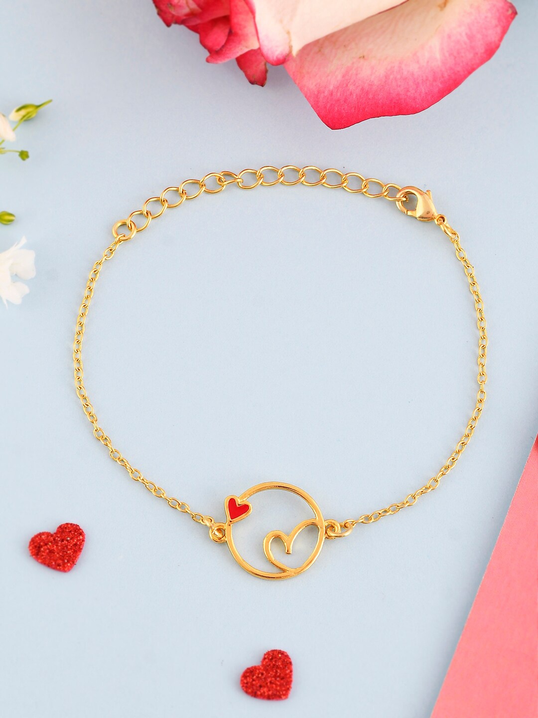 

Voylla Women Brass Gold-Plated Valentine's Day Collection Heart and Circle Link Bracelet