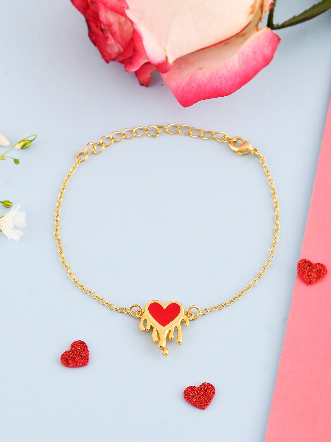 

Voylla Women Brass Gold-Plated Valentine's Day Collection Red Heart Chain Link Bracelet