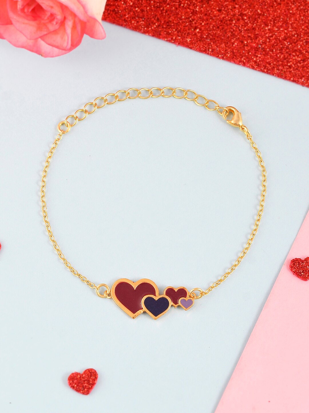 

Voylla Women Brass Gold-Plated Valentine's Day Collection Enamelled Hearts Link Bracelet