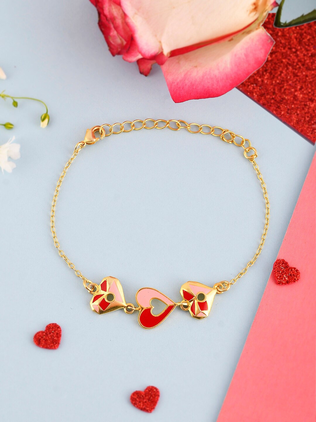 

Voylla Women Gold-Plated Valentine's Day Collection Split Enamelled Hearts Link Bracelet