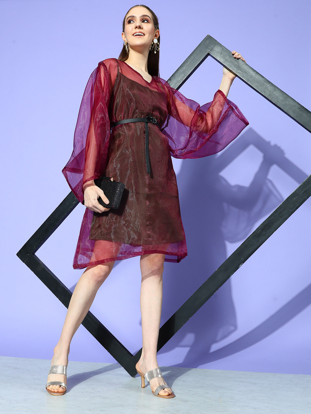 

InWeave Burgundy Flared Sleeves A-Line Dress With Slip