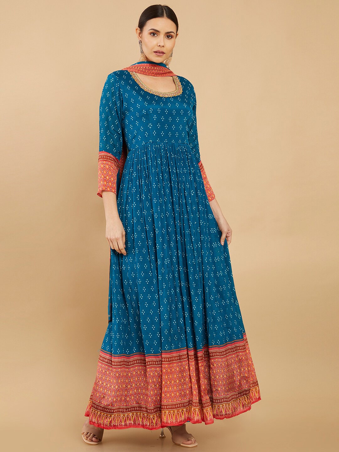 

Soch Turquoise Blue Tribal Printed Empire Cotton Kurta With Dupatta
