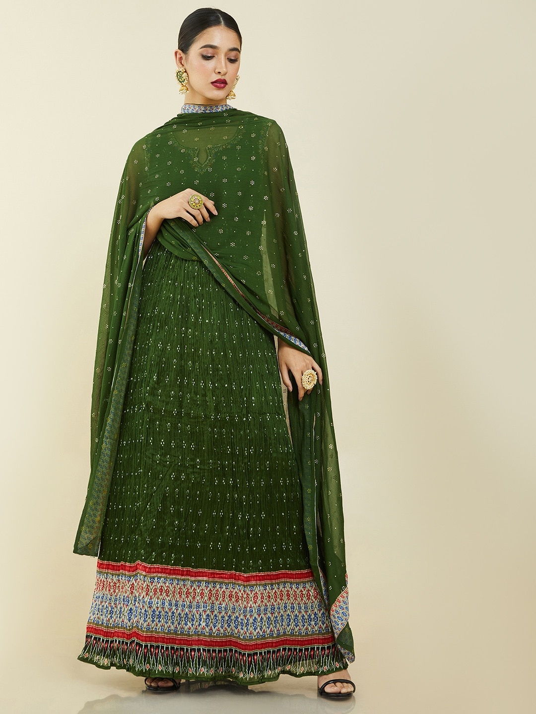 

Soch Printed Empire Notch Neck Pure Cotton Ethnic Dress with Dupatta, Green