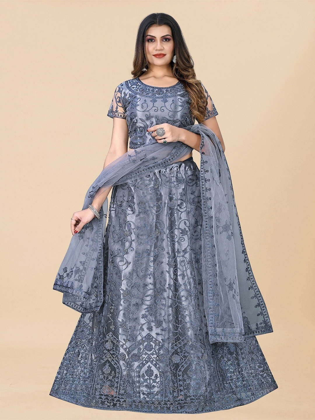 

APNISHA Embroidered Semi-Stitched Lehenga & Unstitched Blouse With Dupatta, Grey