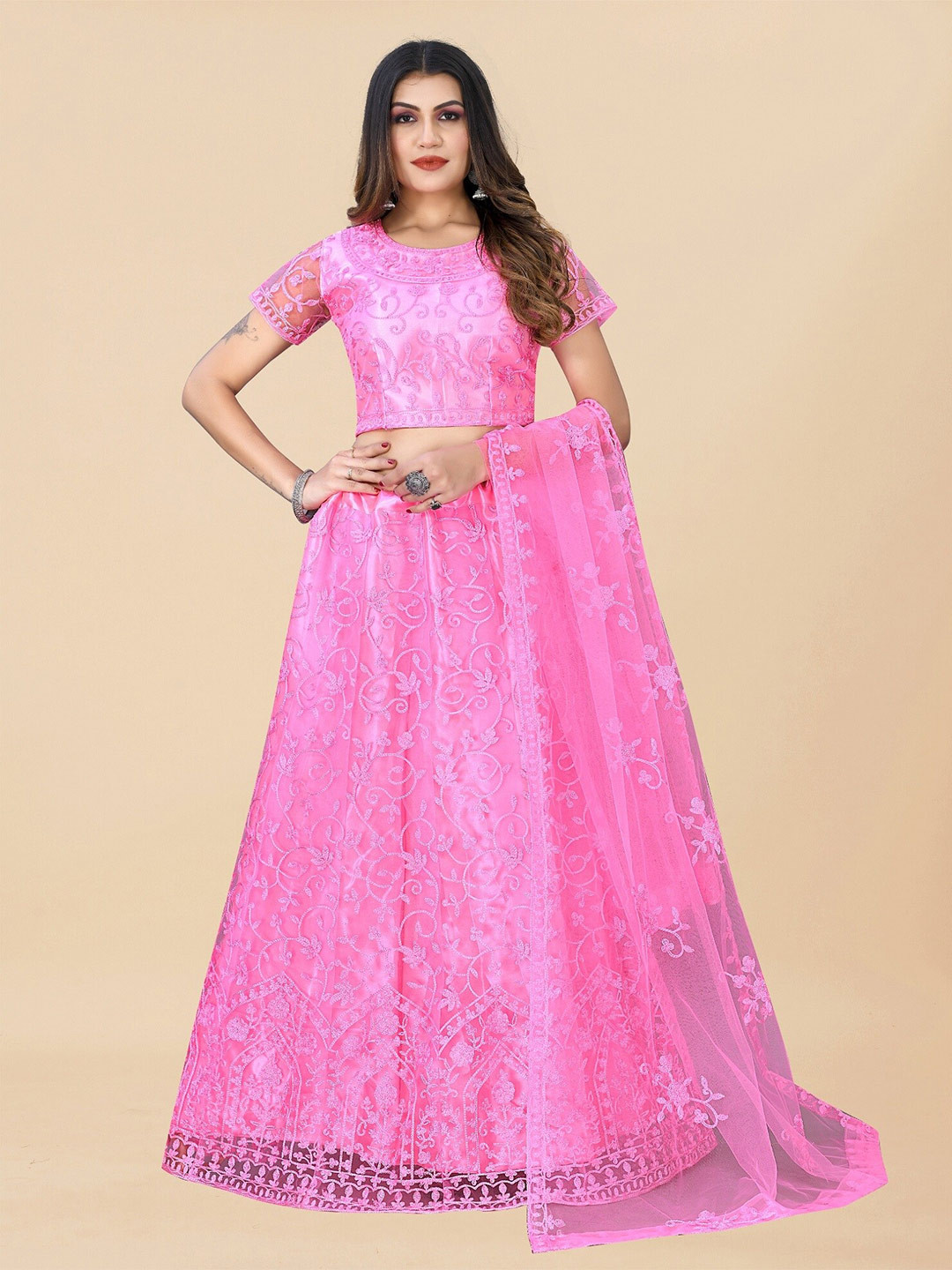 

APNISHA Embroidered Semi-Stitched Lehenga & Unstitched Blouse With Dupatta, Pink