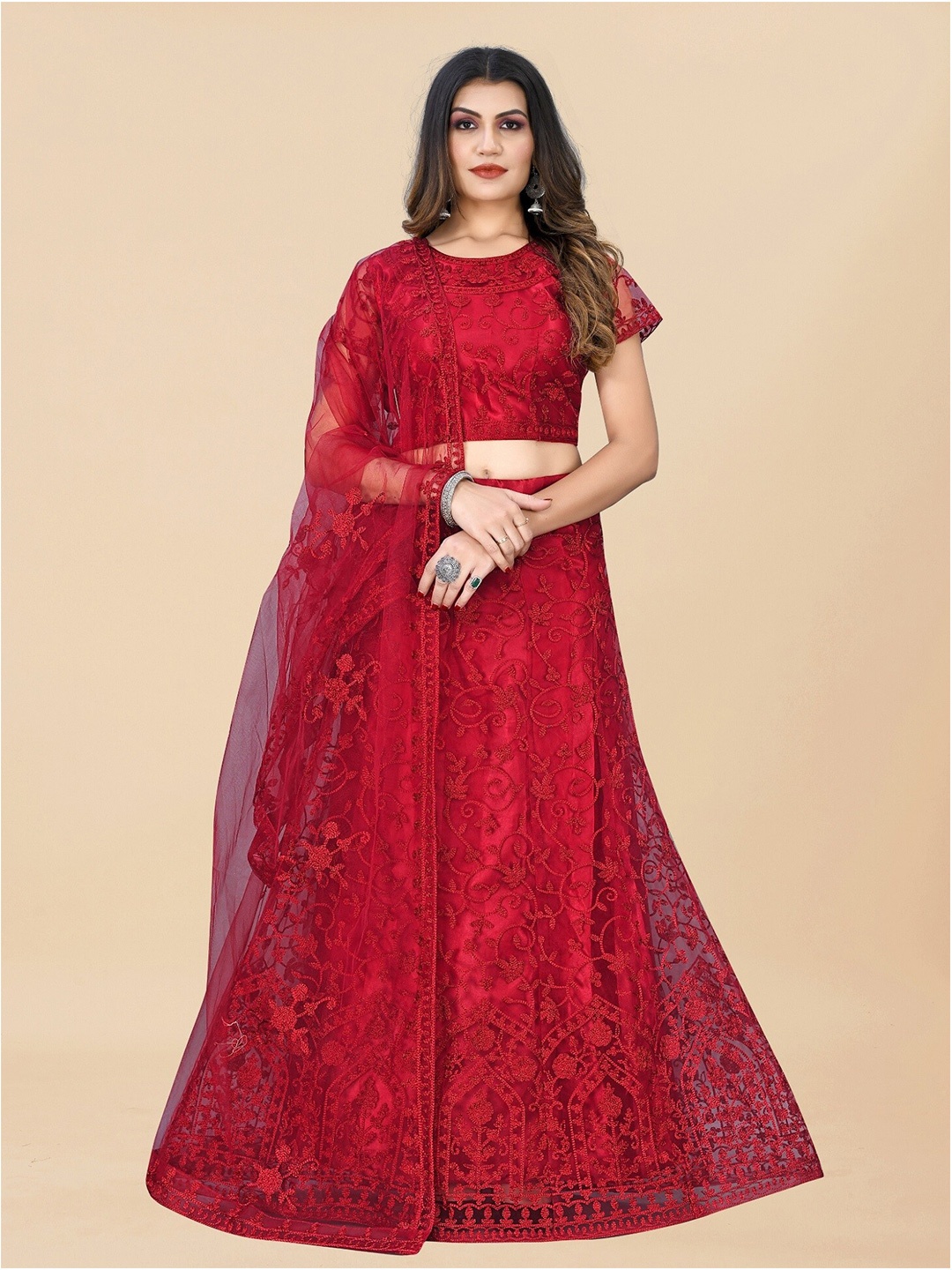 

APNISHA Embroidered Semi-Stitched Lehenga & Unstitched Blouse With Dupatta, Maroon