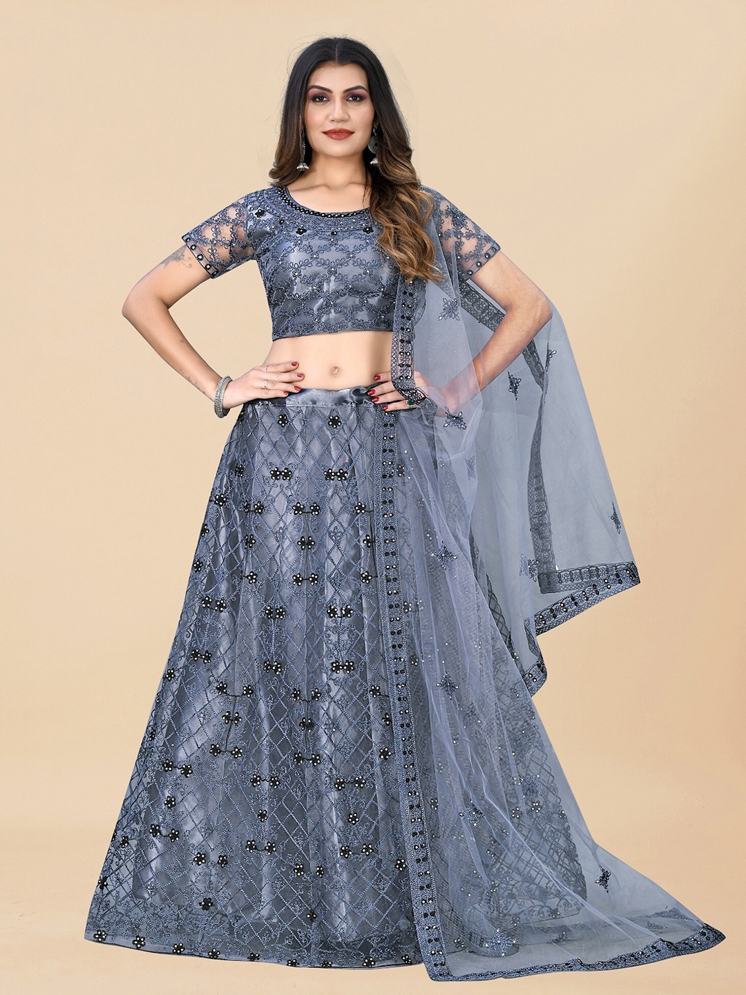 

APNISHA Embroidered Semi-Stitched Lehenga & Unstitched Blouse With Dupatta, Grey