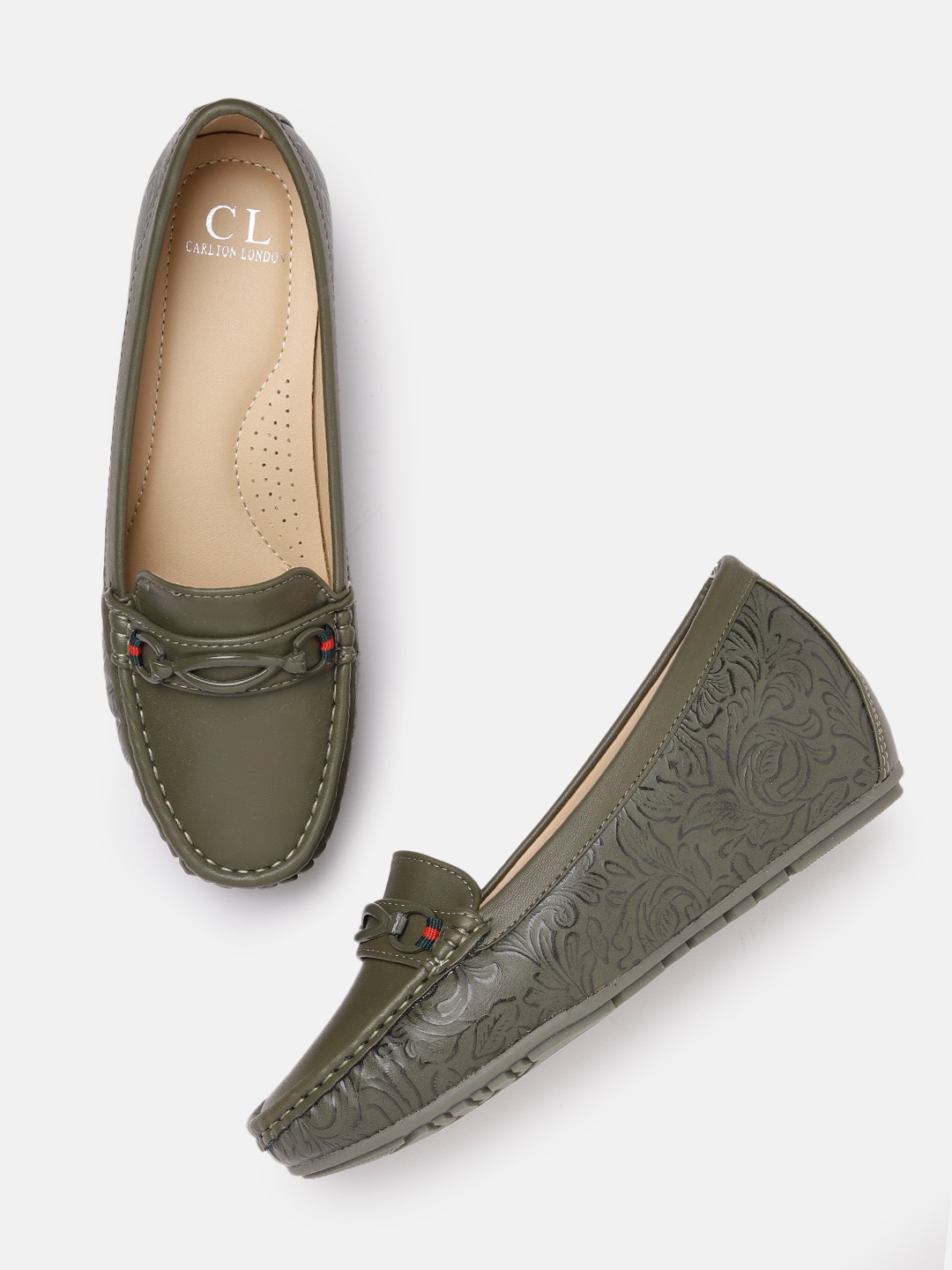 

Carlton London Women Floral Textured Wedge Heeled Horsebit Loafers, Olive