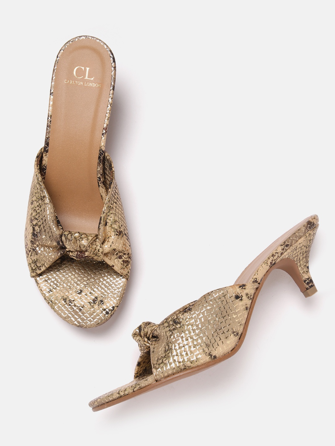 

Carlton London Snakeskin Printed Kitten Heels with Knot Detail, Gold