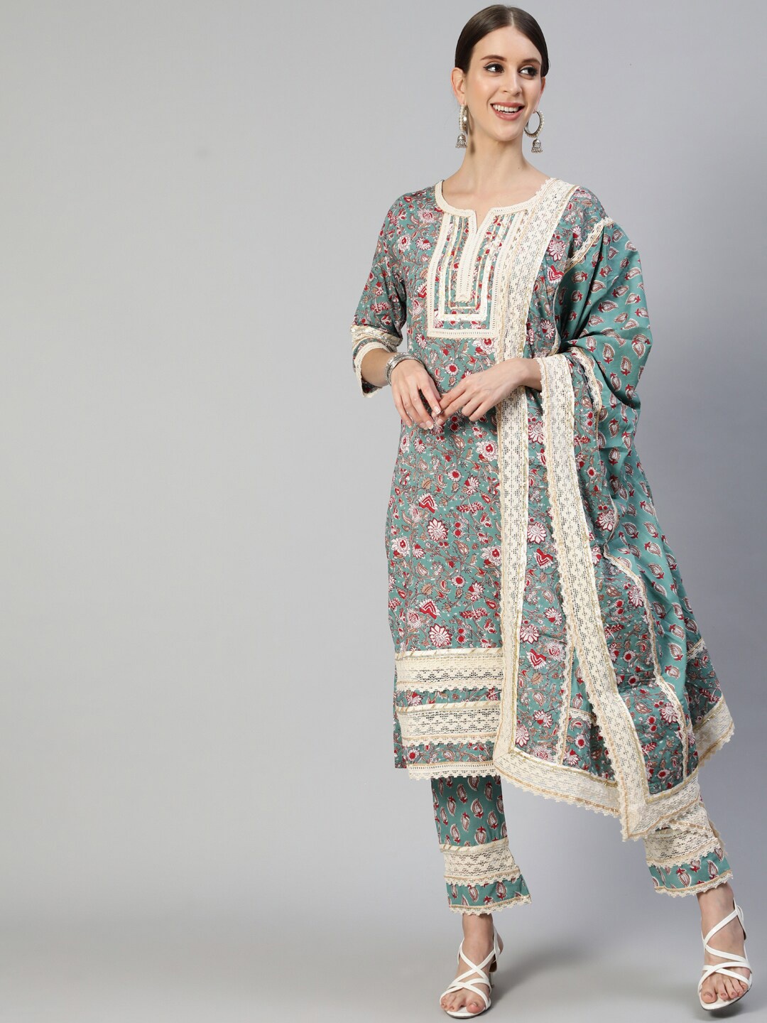

Ishin Ethnic Motifs Printed Gotta Patti Pure Cotton Kurta with Trousers & Dupatta, Green