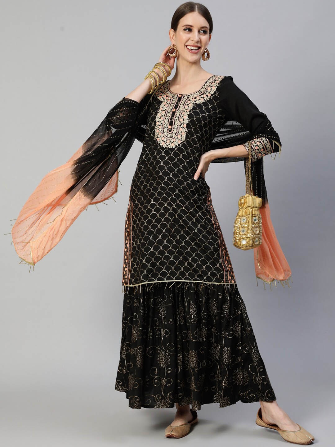 

Ishin Women Floral Embroidered Kurta & Sharara With Dupatta, Black