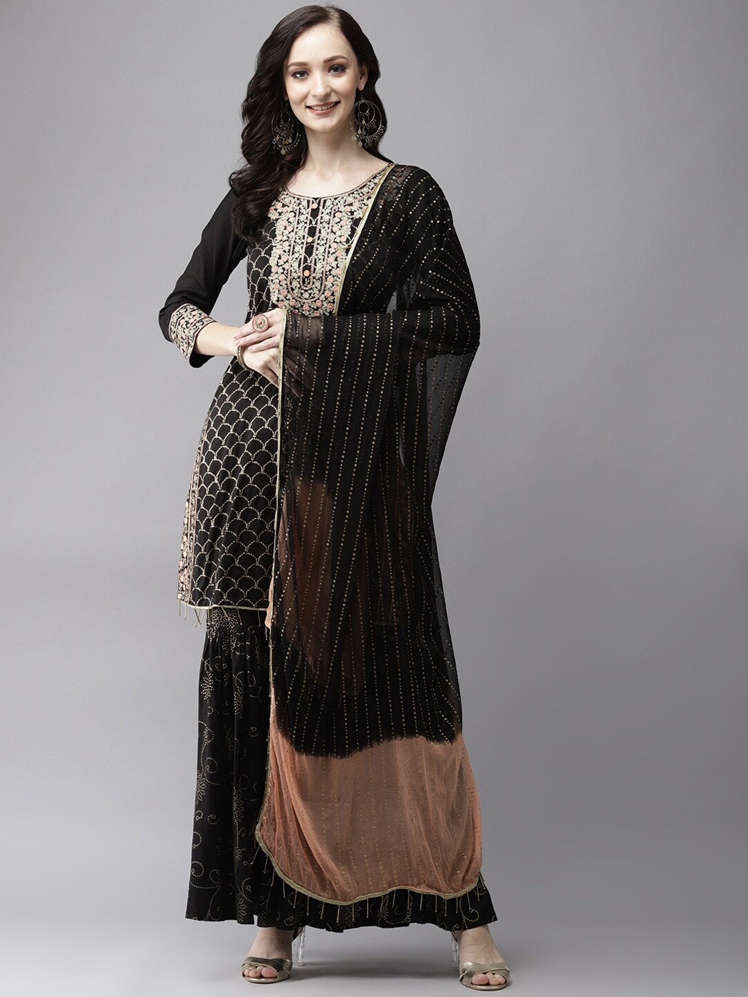 

Ishin Floral Embroidered Kurta with Sharara & Dupatta, Black