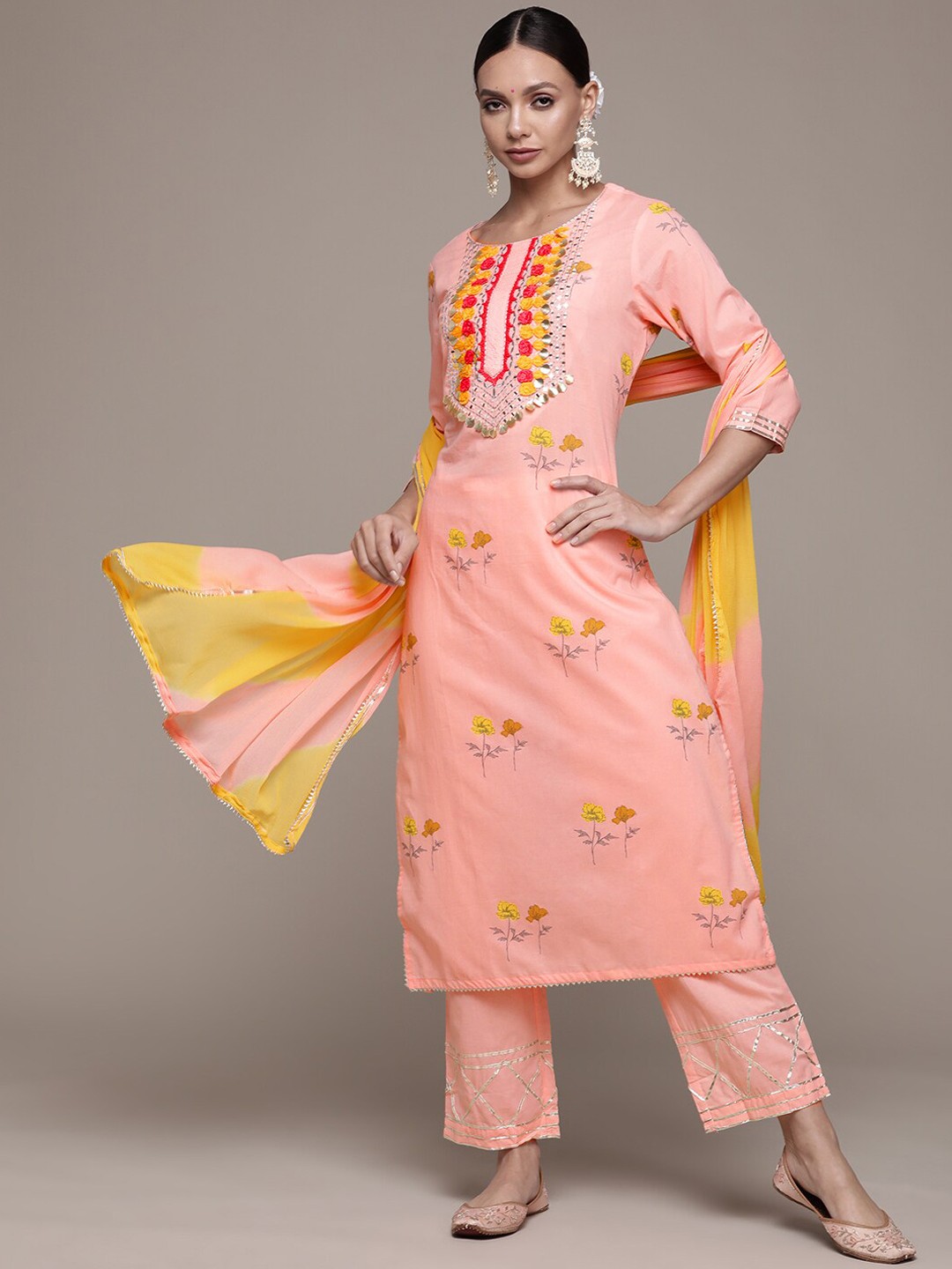 

Ishin Women Floral Embroidered Mirror Work Pure Cotton Kurta with Trousers & Dupatta, Peach