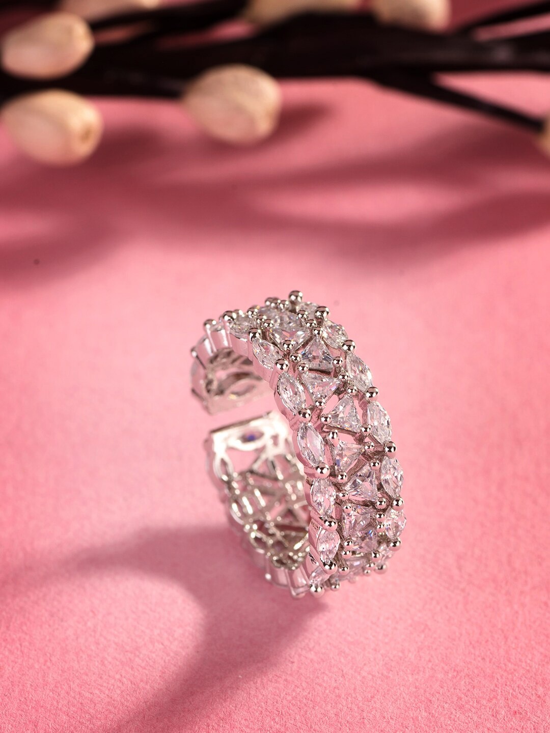 

Saraf RS Jewellery Silver-Plated AD-Studded Adjustable Finger Ring