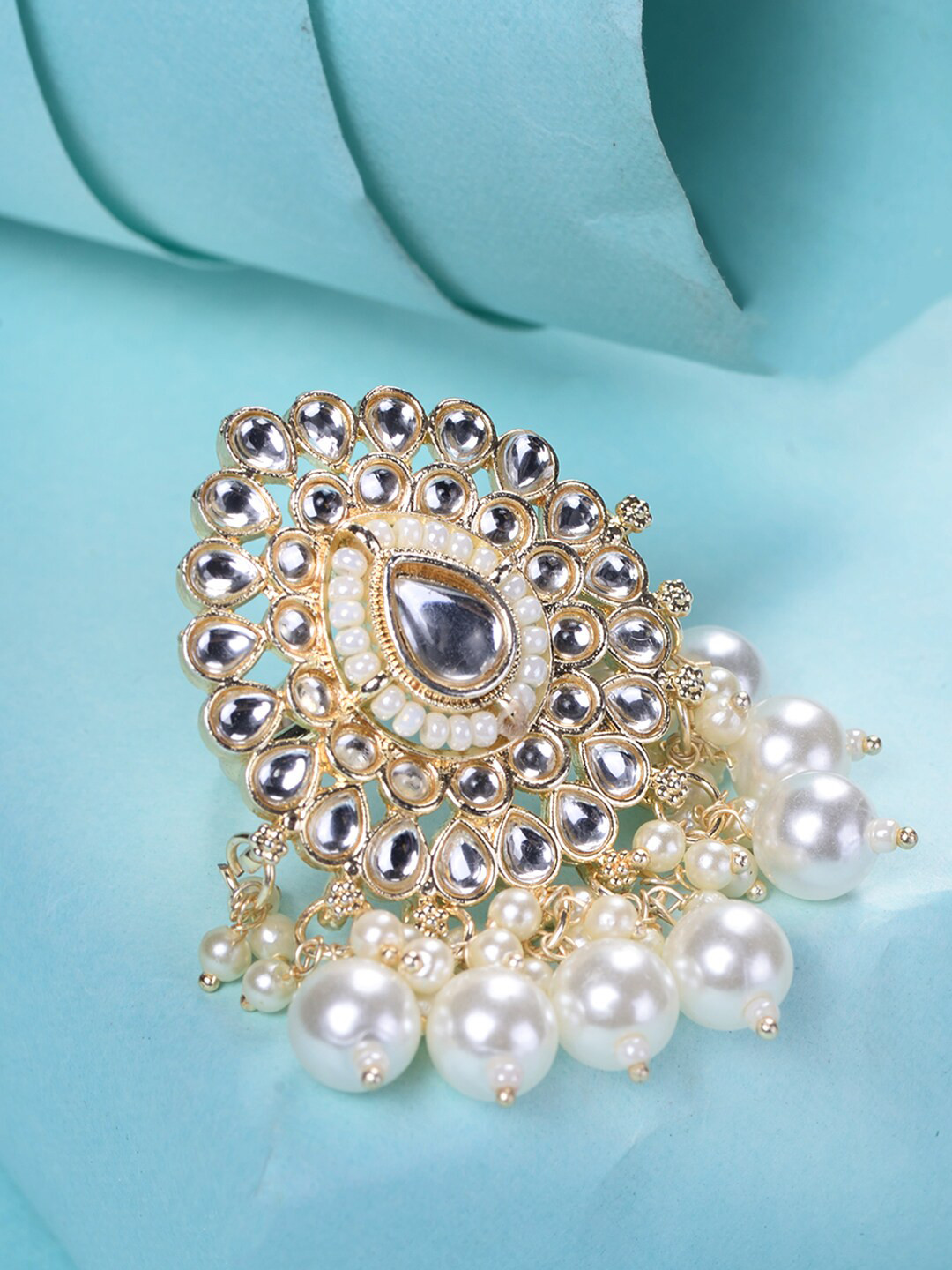 

Saraf RS Jewellery Kundan Studded & Pearl Beaded Adjustable Finger Ring, Gold