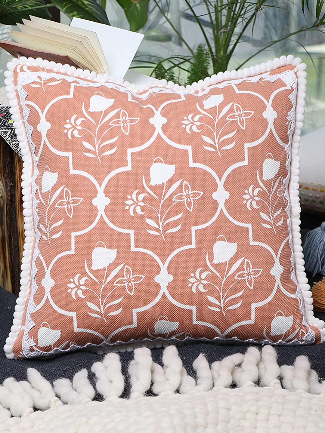 

HERE&NOW Peach-Coloured & White Floral Square Cushion Covers