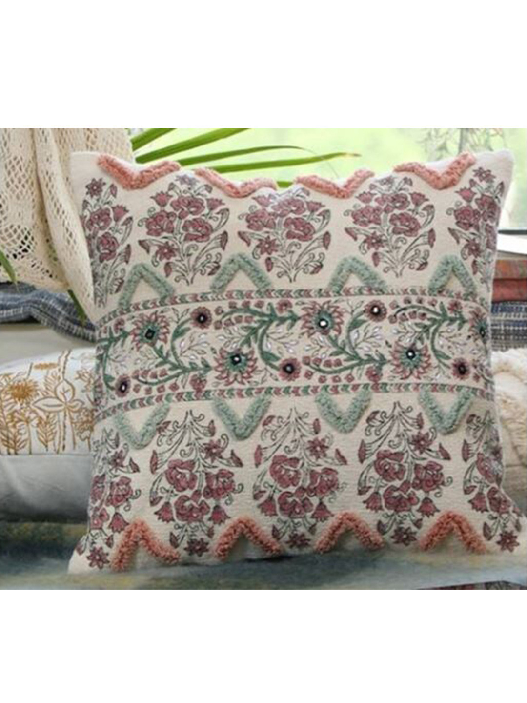

HERE&NOW Beige & Green Floral Square Cushion Covers