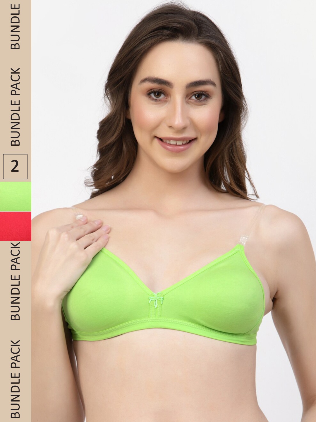 

Floret Pack of 2 Non Padded Non-Wired Seamless T-shirt Bra, Lime green