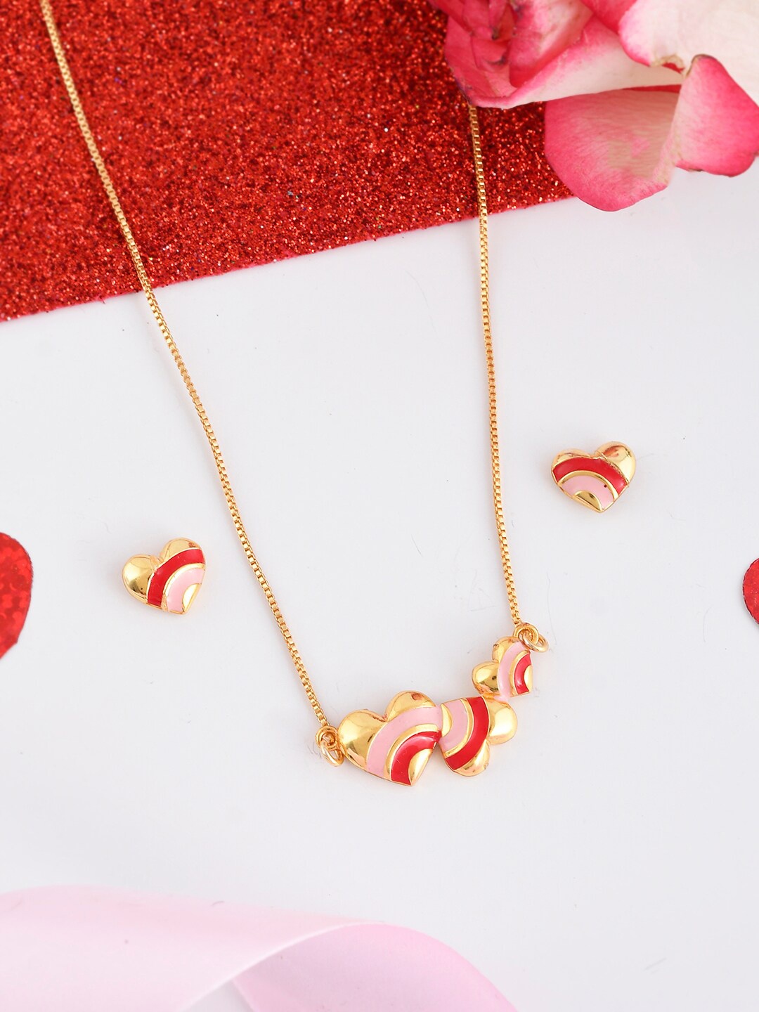 

Voylla Gold-Plated Hearts Enamel Pendant Set, Pink