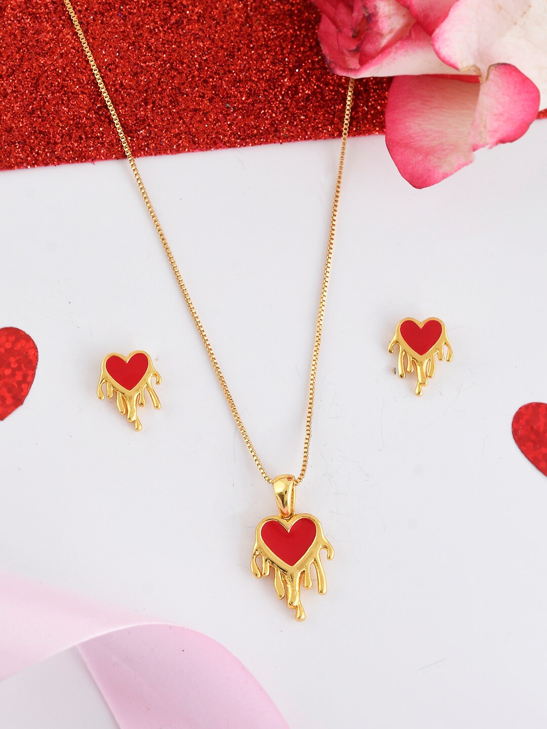 

Voylla Gold-Plated Hearts Pendant Set, Red