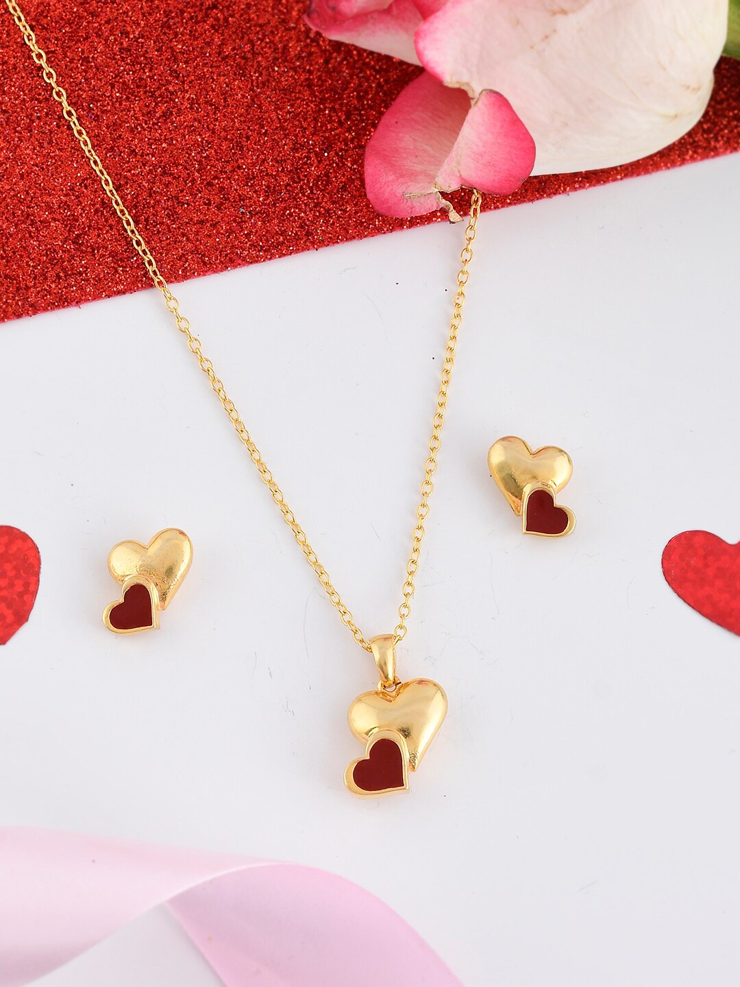 

Voylla Gold-Plated Cutwork Bonded Heart Shaped Jewellery Set, Red