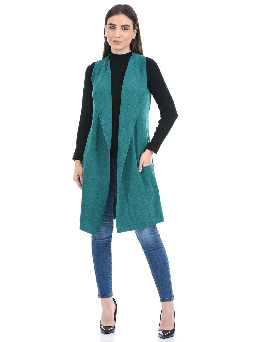 

PORTOBELLO Women Sleeveless Longline Shrug, Green
