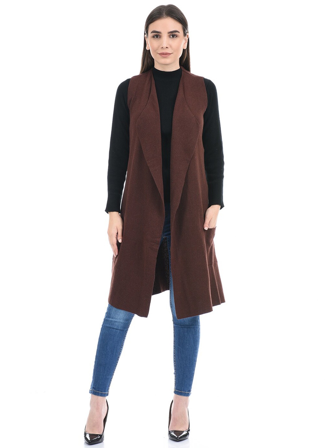 

PORTOBELLO Women Sleeveless Longline Shrug, Brown