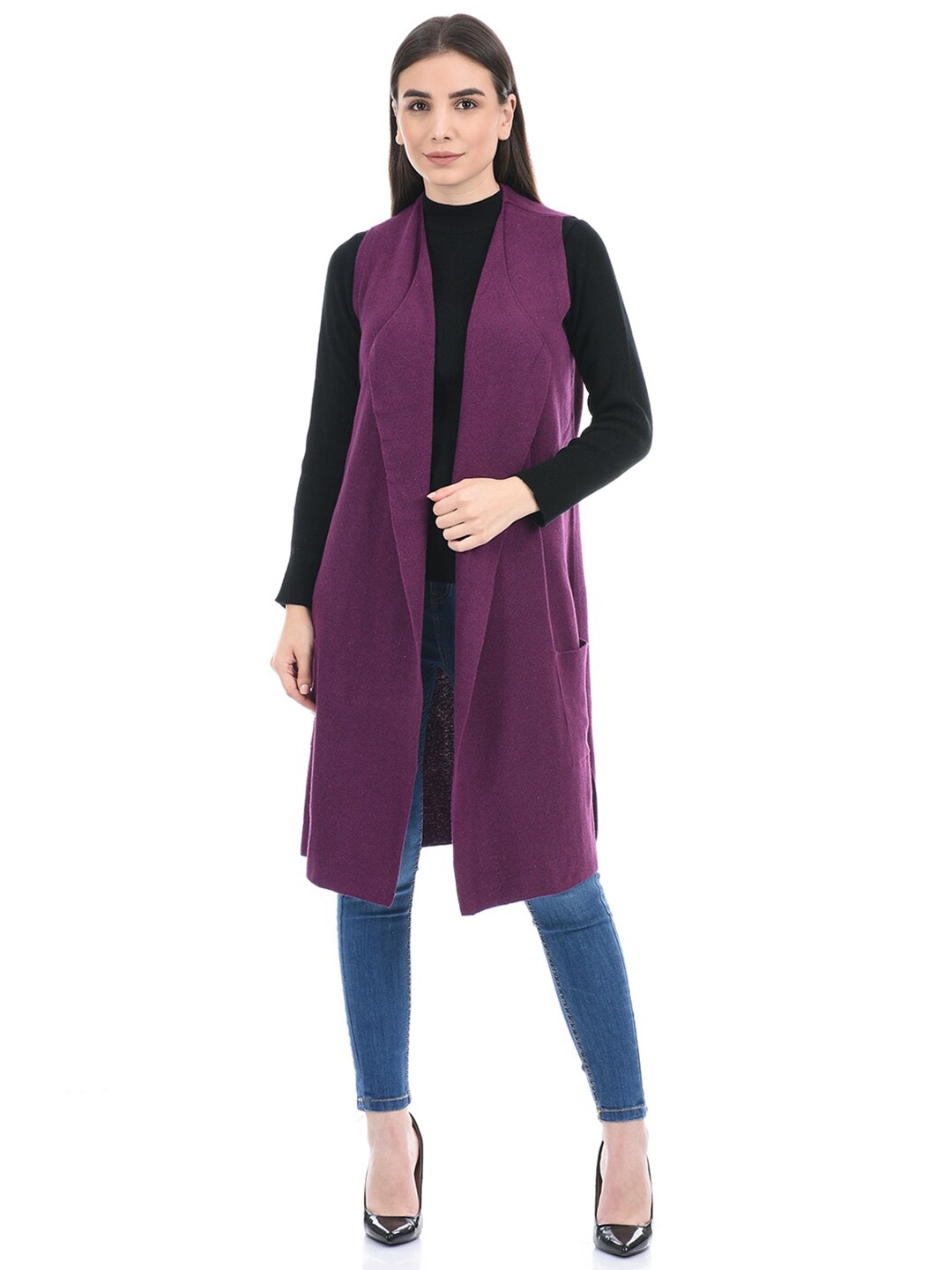 

PORTOBELLO Women Sleeveless Longline Shrug, Purple