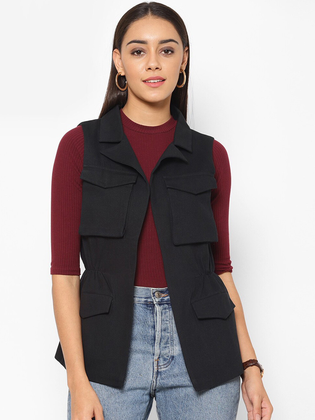 

HOUSE OF KKARMA Women Cotton Longline Open Front Jacket, Black