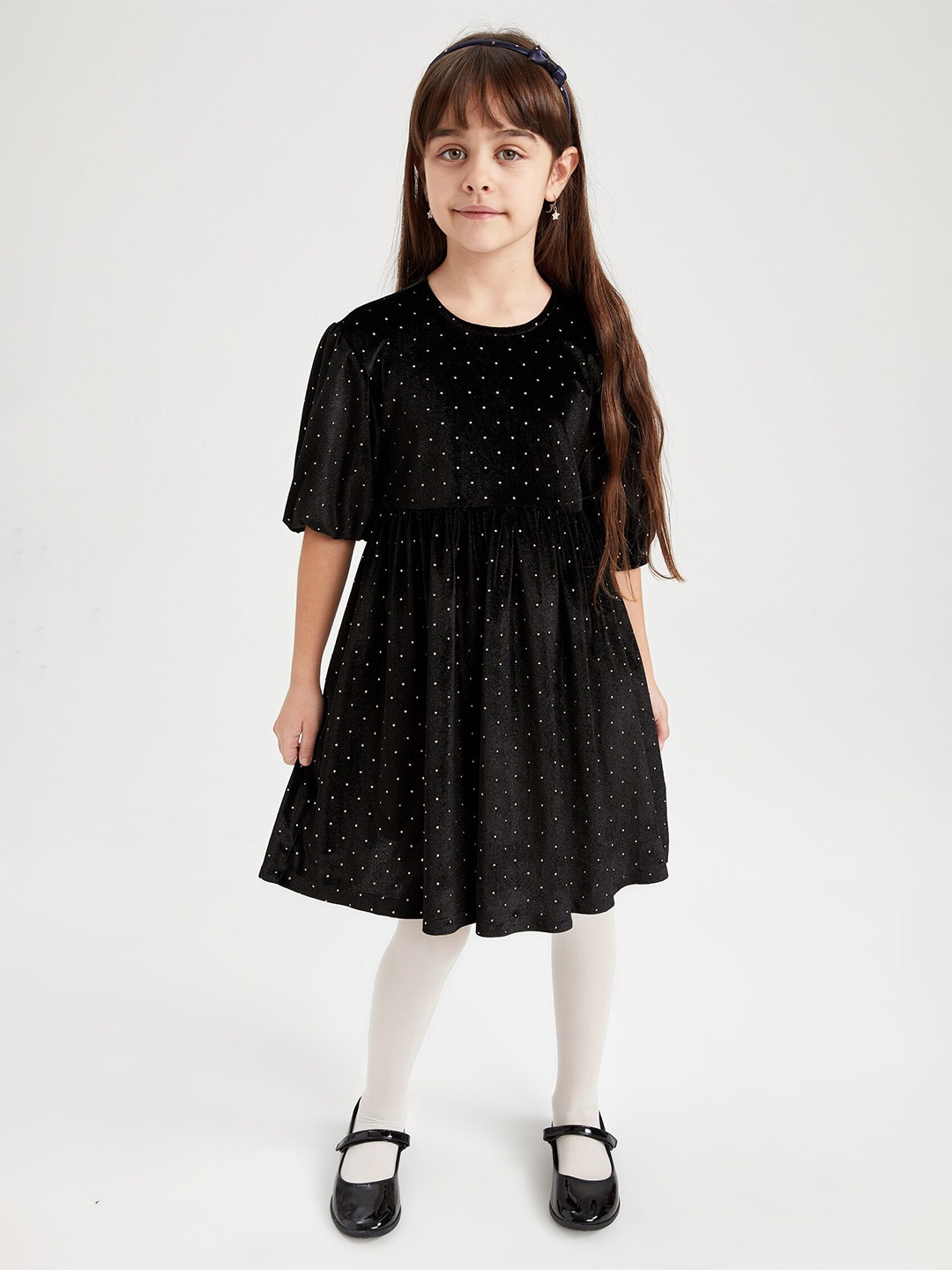 

DeFacto Girls Polka Dots Printed Fit & Flare Dress, Black