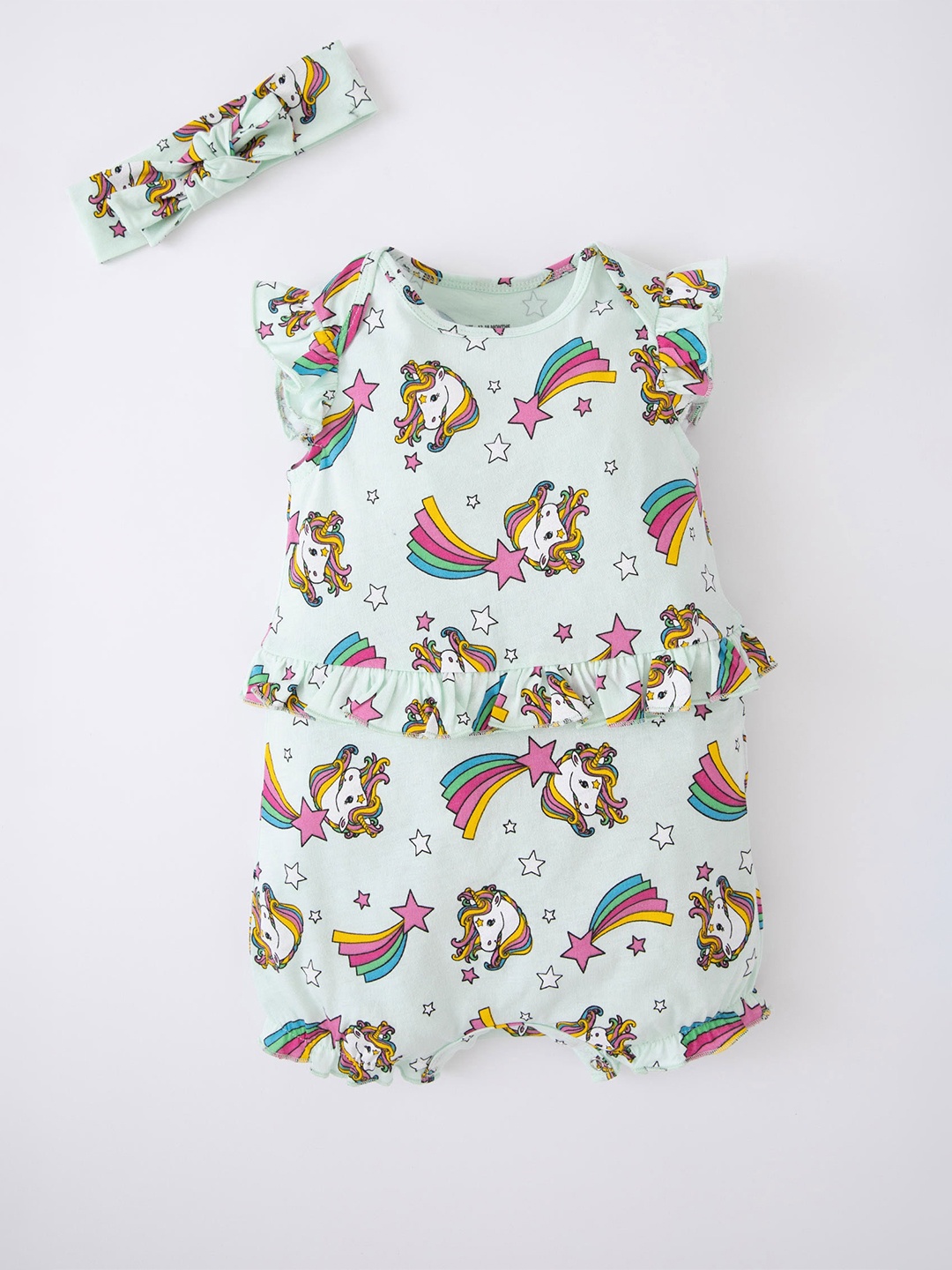

DeFacto Infants Printed Pure Cotton Rompers With Headband, Blue