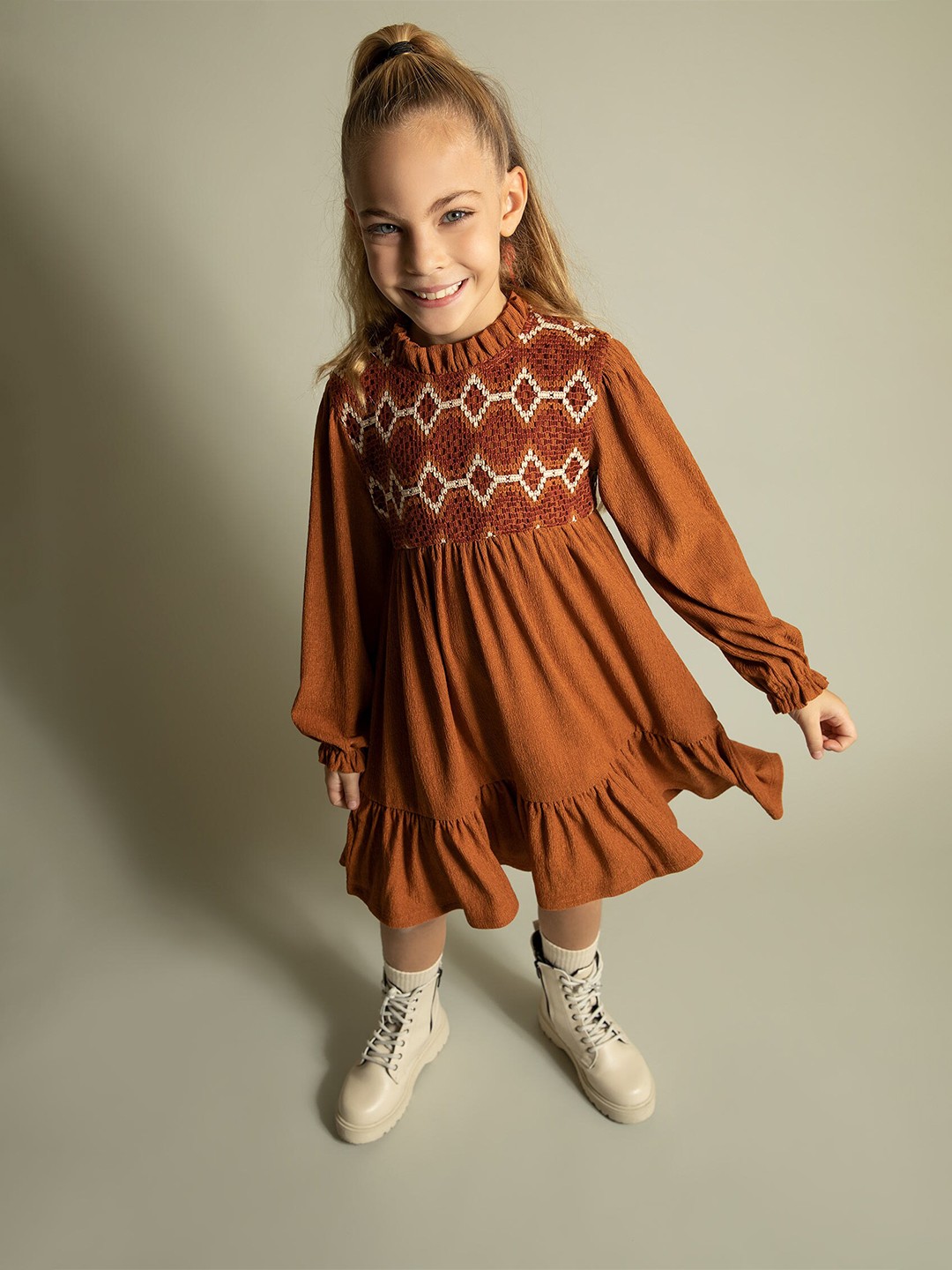 

DeFacto Girls Self Design Cuffed Design A-Line Dress, Camel brown