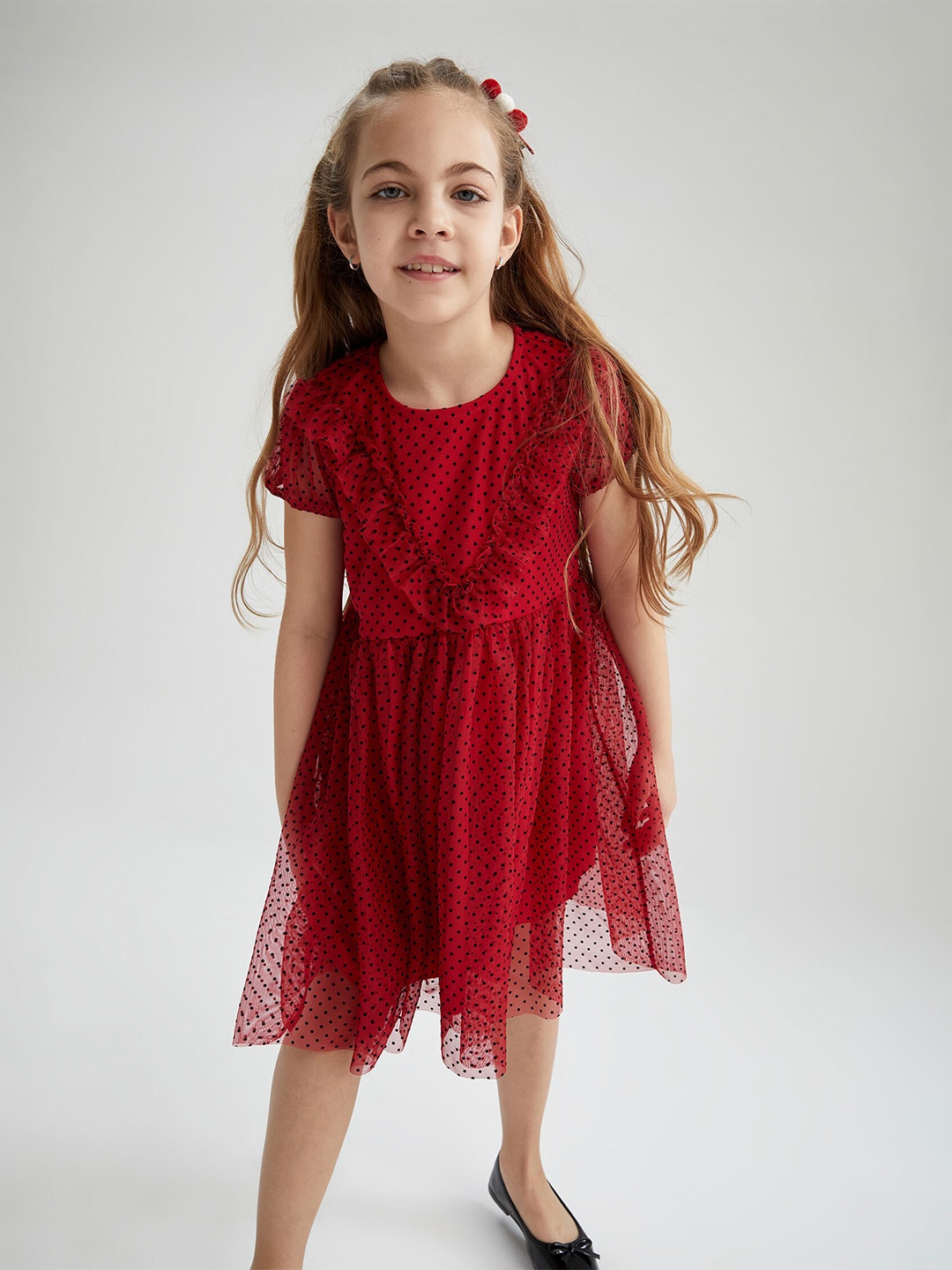 

DeFacto Girls Polka Dots Printed A-Line Dress, Red