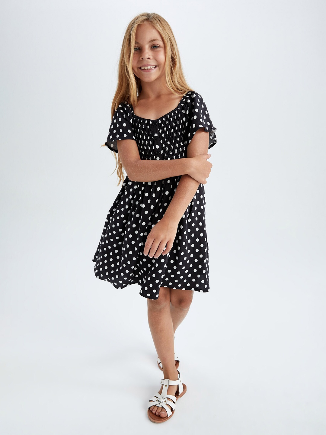 

DeFacto Girls Polka Dots Printed Fit & Flare Dress, Black