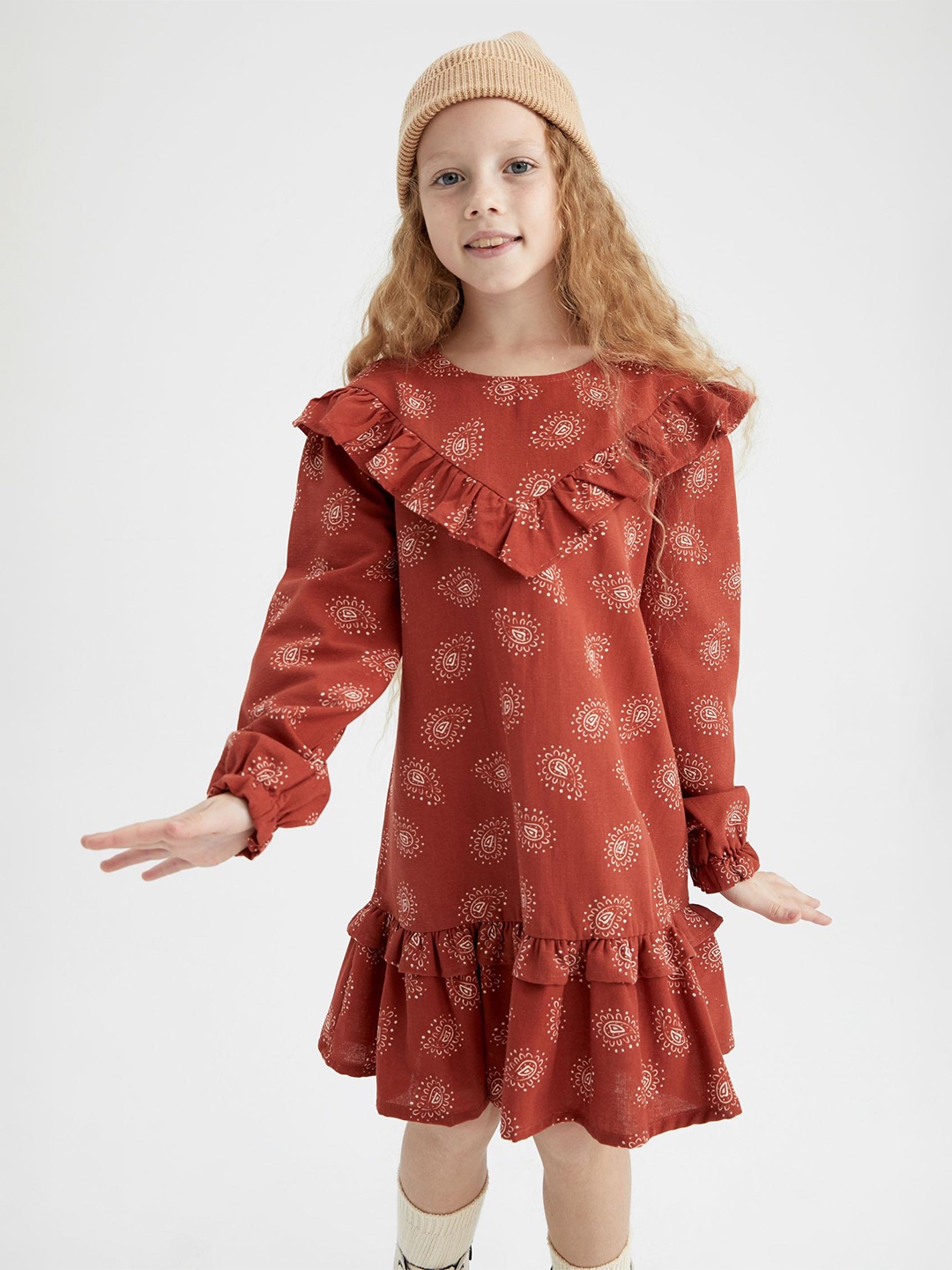 

DeFacto Girls Ethnic Motifs Pure Cotton A-Line Dress, Rust