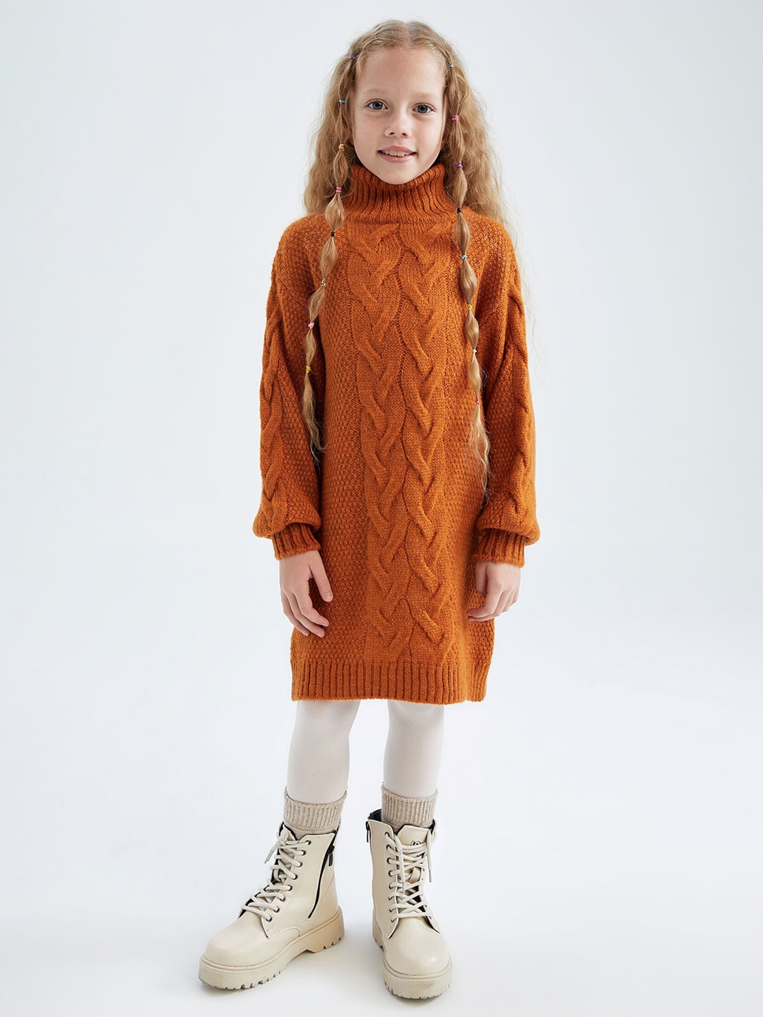 

DeFacto Girls Self Design High Neck Jumper Dress, Orange