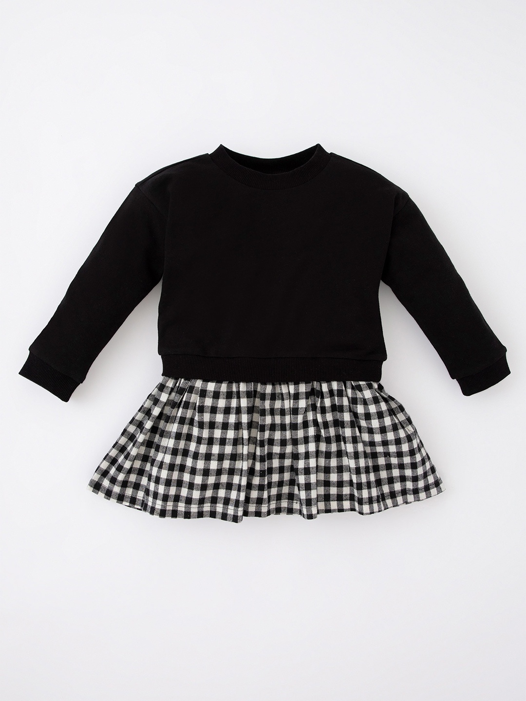 

DeFacto Girls Checked Pure Cotton Fit & Flare Dress, Black