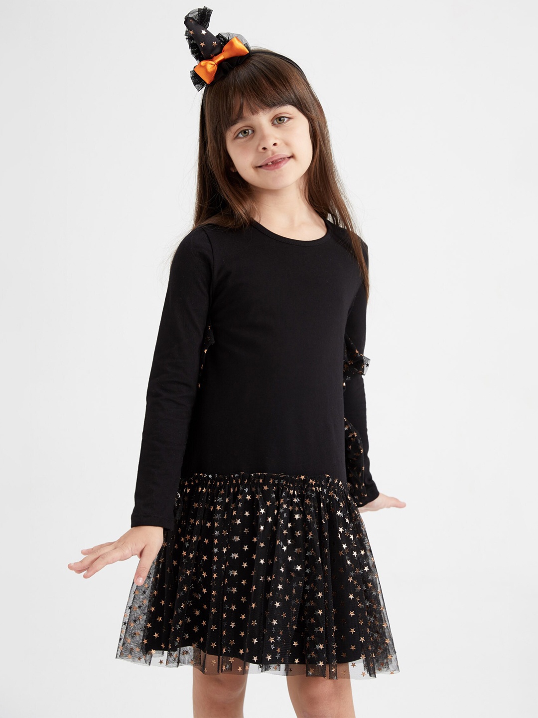 

DeFacto Girls Self Design Pure Cotton Drop-Waist Dress, Black