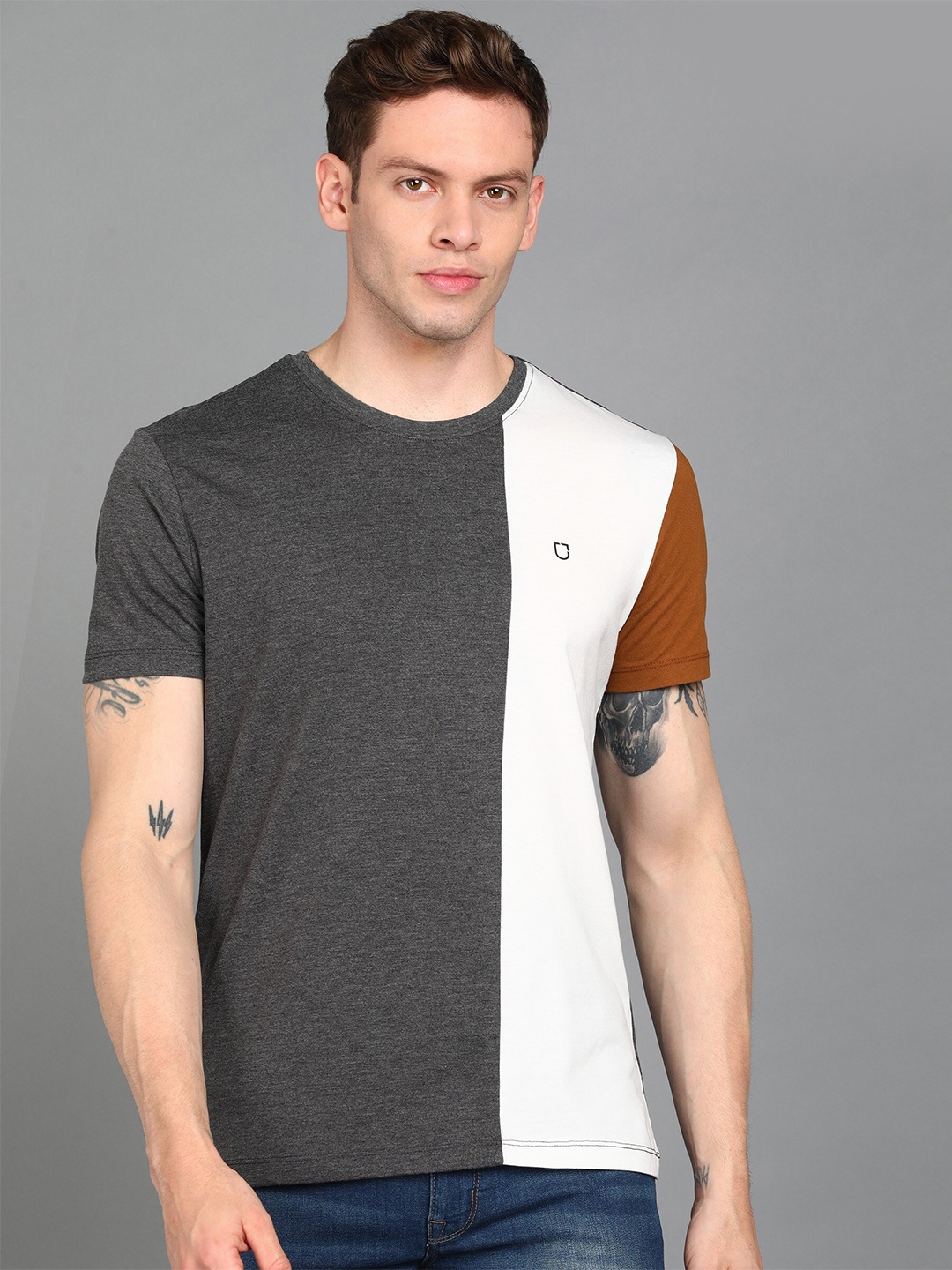 

Urbano Fashion Men Colourblocked Slim Fit Cotton T-shirt, Grey