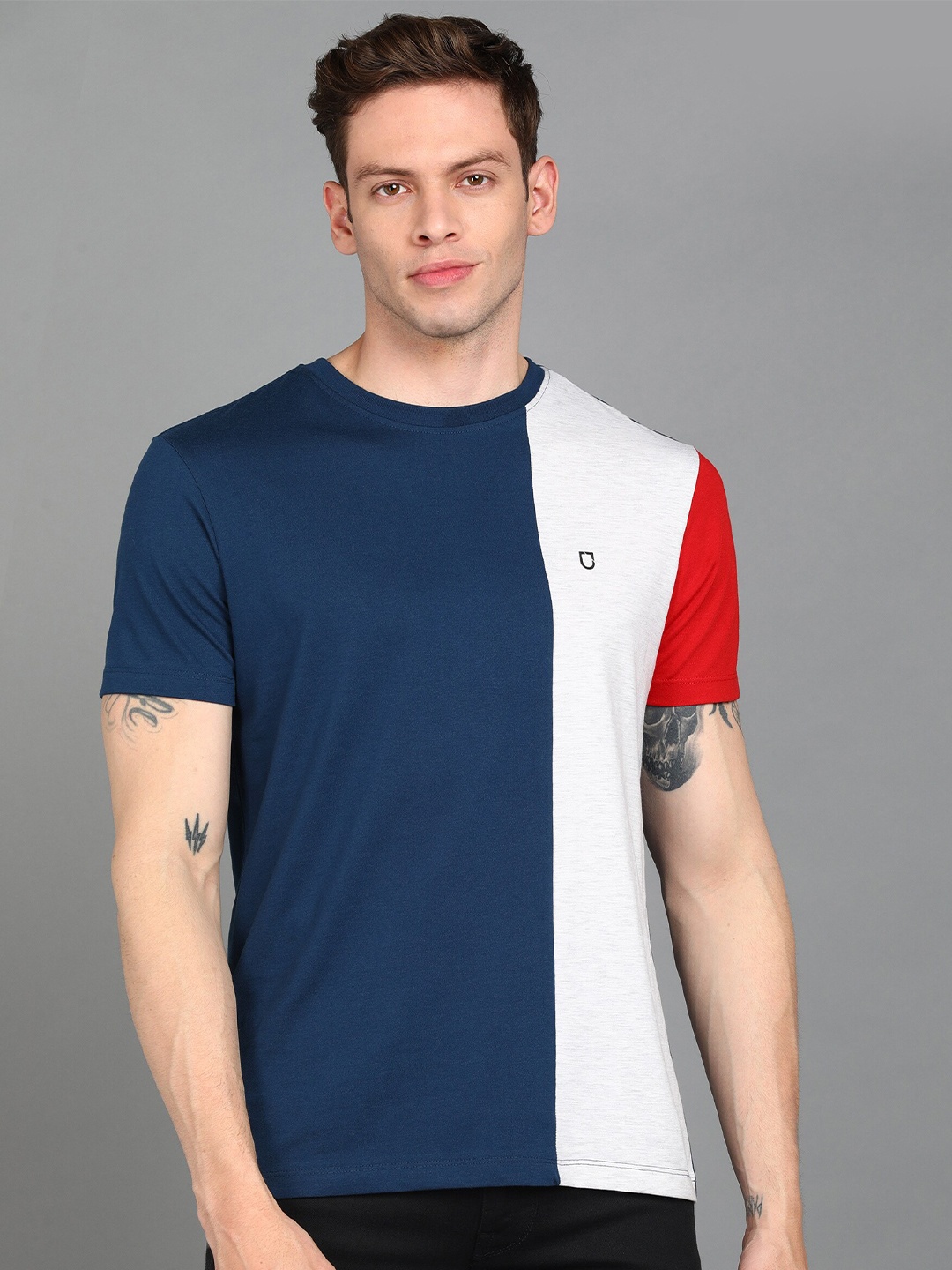 

Urbano Fashion Men Colourblocked Slim Fit Round Neck Cotton T-shirt, Blue