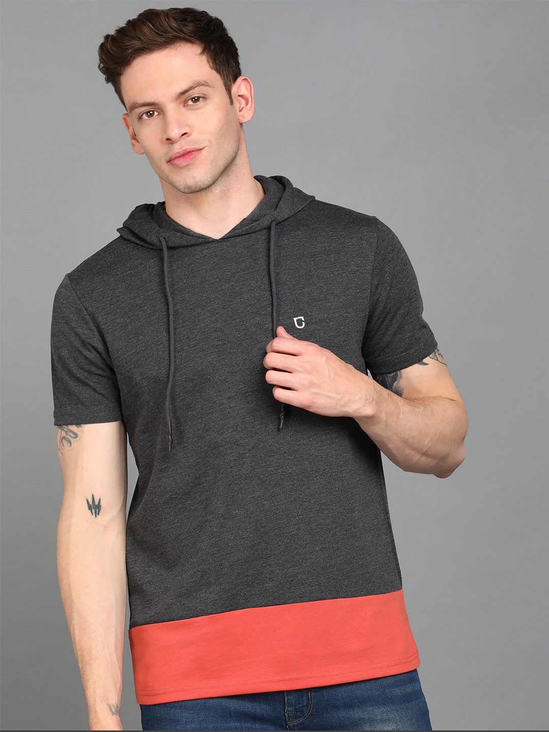 

Urbano Fashion Men Slim Fit Hooded Cotton T-shirt, Grey