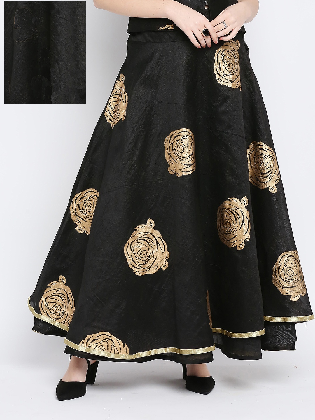 

Ira Soleil Printed Flared Reversible Maxi Skirt, Black