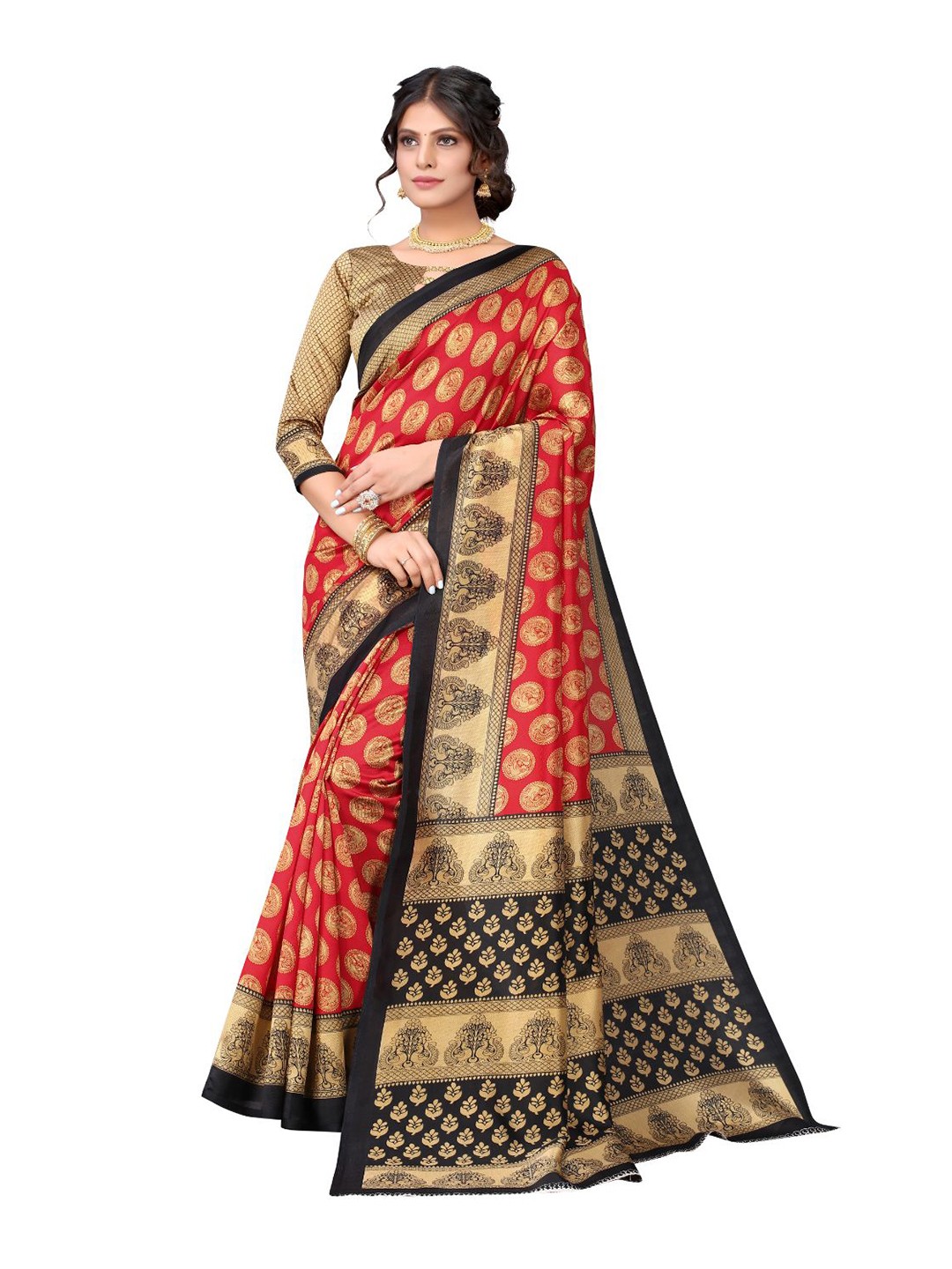 

SAADHVI Ethnic Motifs Printed Art Silk Saree, Red