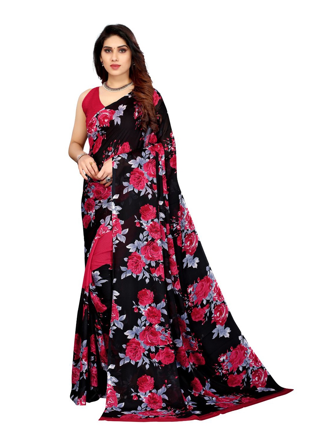 

SAADHVI Floral Printed Saree, Black