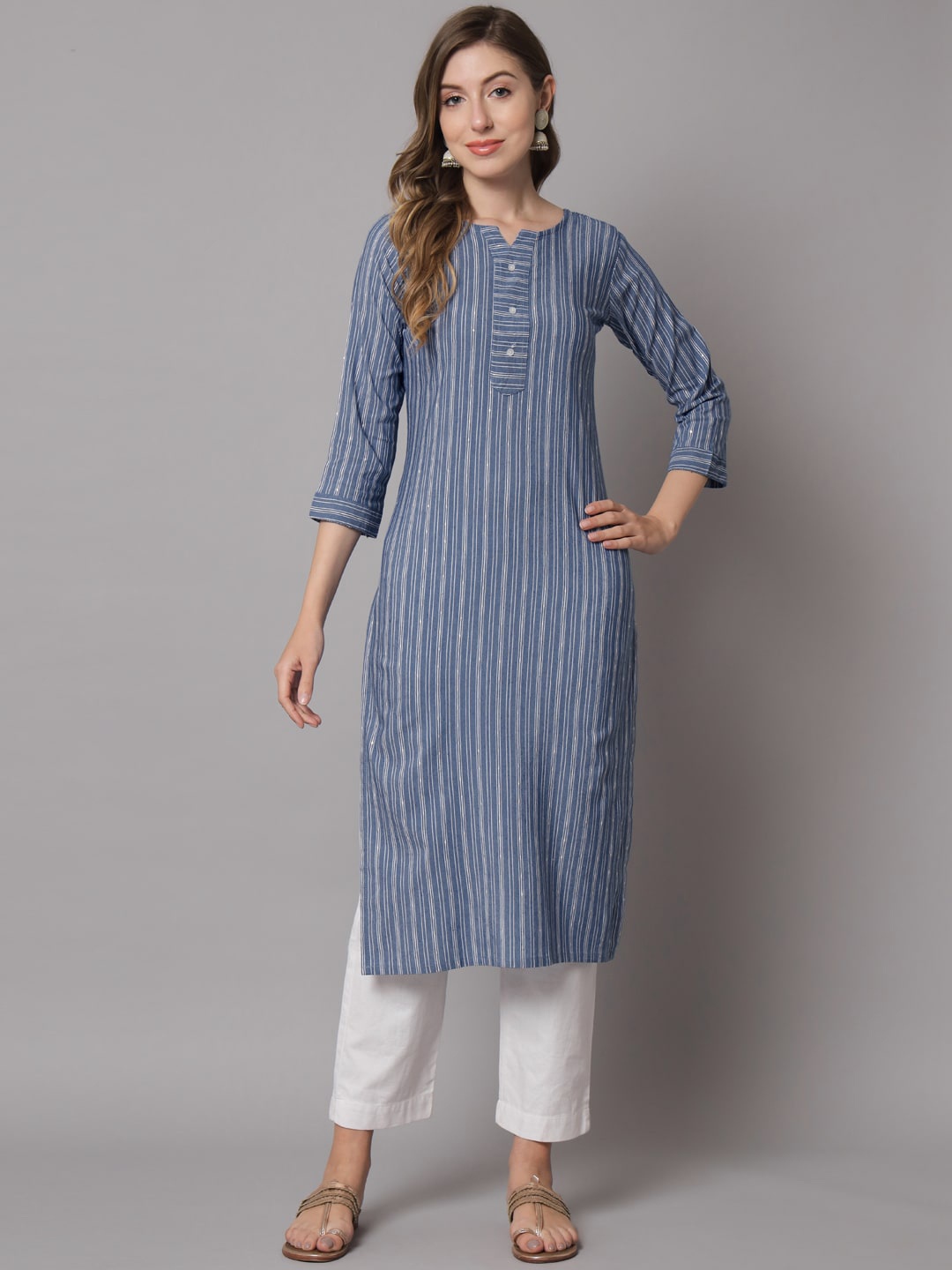 

VAIRAGEE Cotton Notched Neck Striped Kurta, Blue