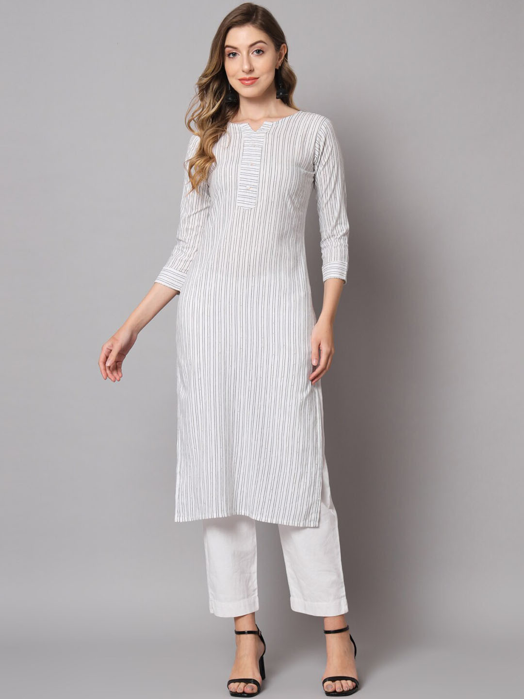 

VAIRAGEE Women Striped Cotton Kurta, White