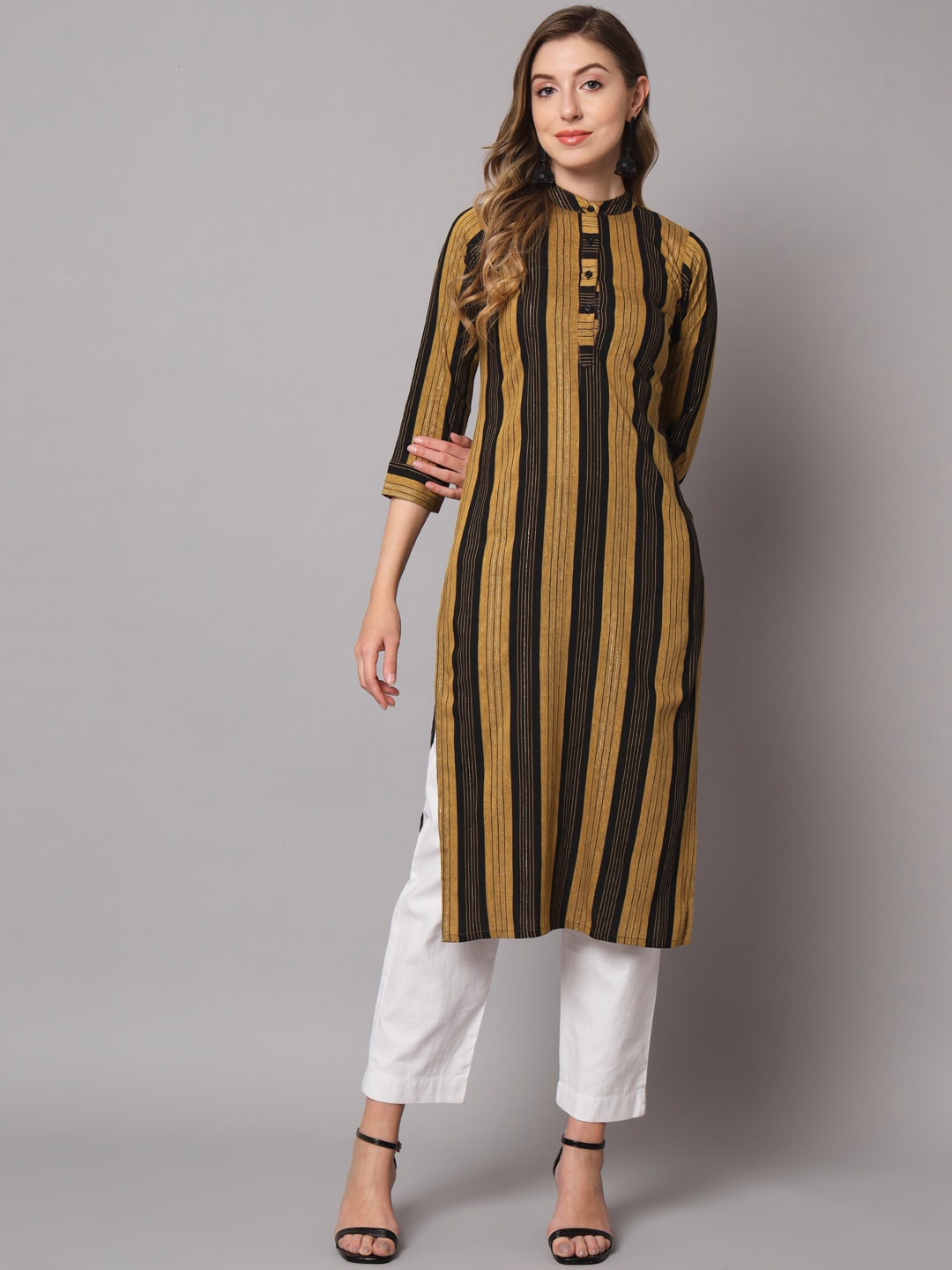 

VAIRAGEE Women Striped Cotton Kurta, Mustard