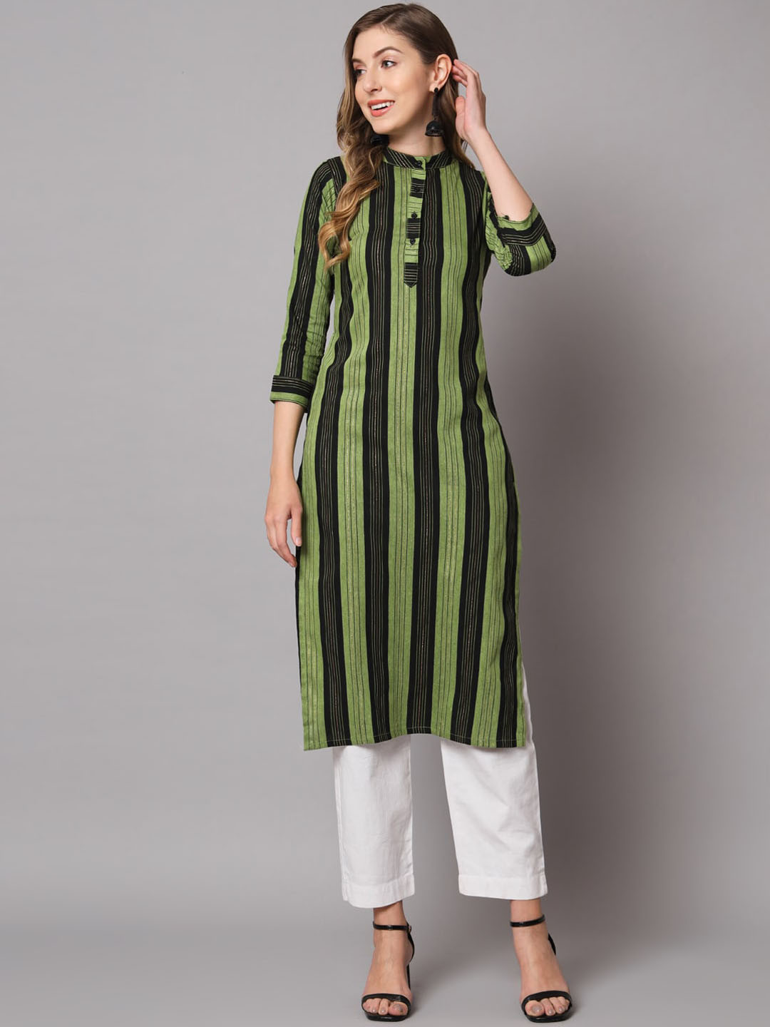 

VAIRAGEE Women Striped Cotton Kurta, Green